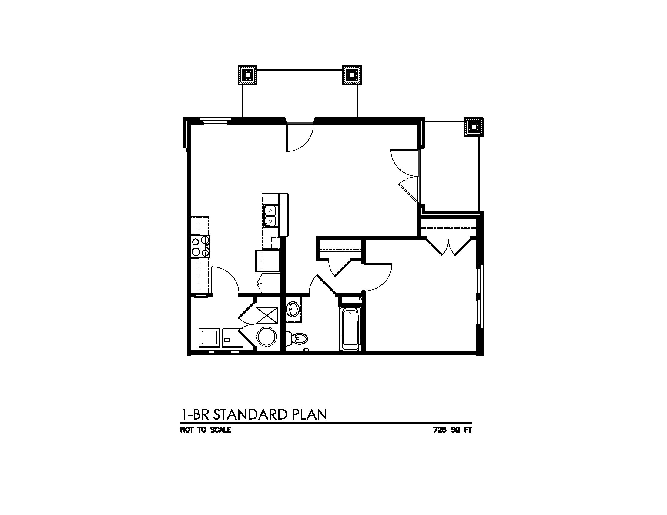 Floor plan for 1 bed, 1 bath, 725 sqft